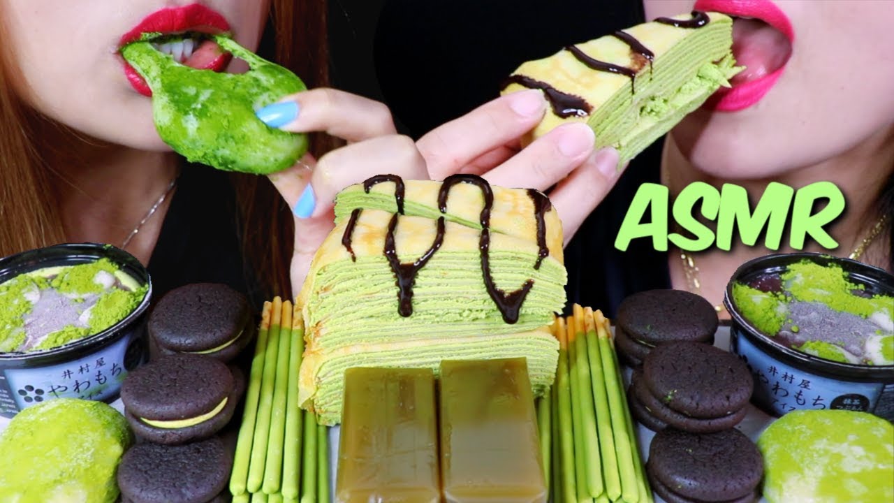 ASMR GREEN TEA ICE CREAM, CREPE CAKE, MOCHI, BEAN JELLY, POCKY, COOKIES 리얼사운드 먹방 | Kim&Liz ASMR