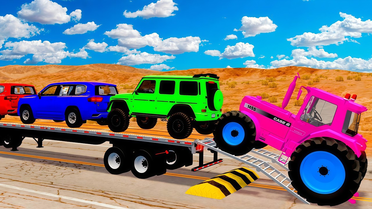 TRANSPORTING PIXAR CARS & FRUITS WITH COLORED & JOHN DEERE vs CLAAS vs TRACTORS - BeamNG.drive #983