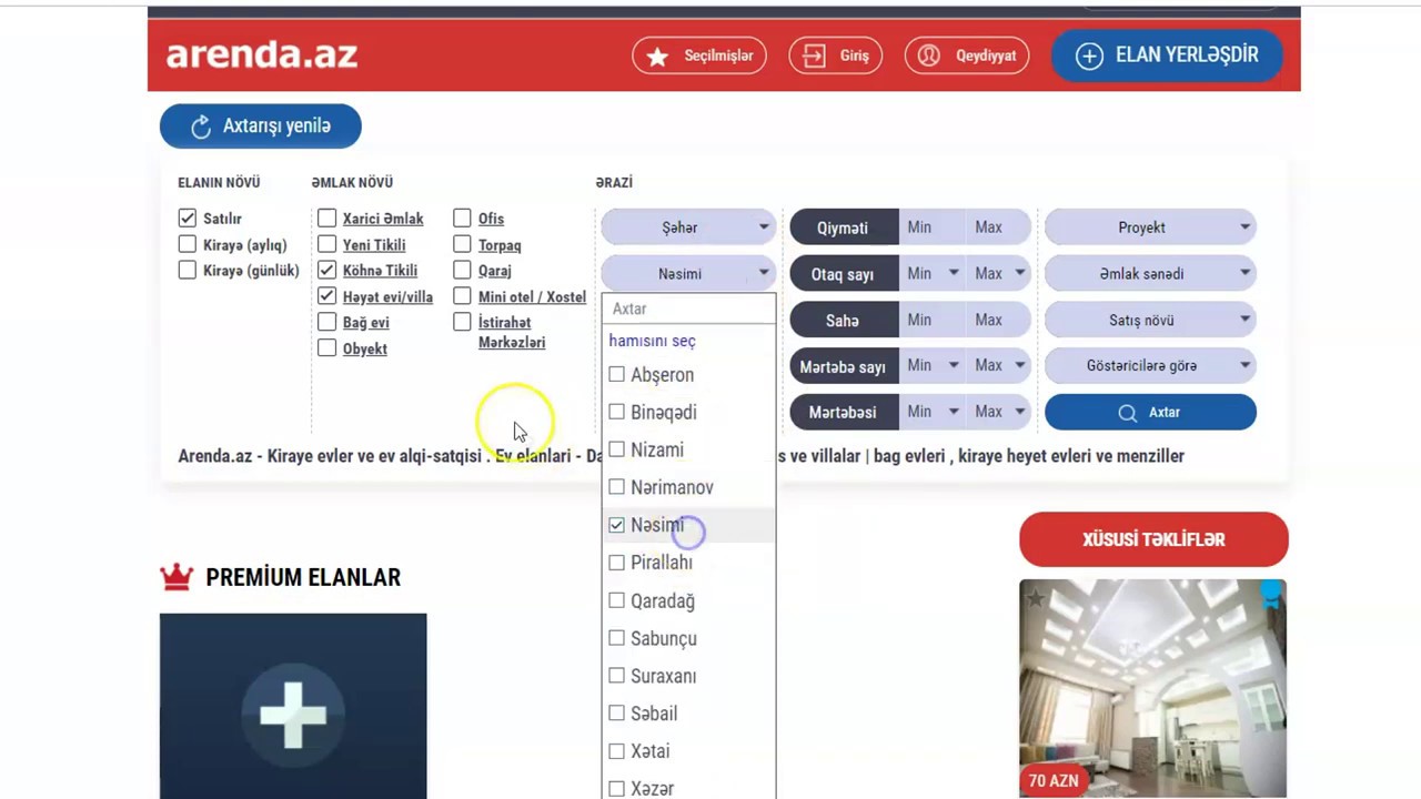 Arenda.az saytında axtarış necə edilir? web versiya