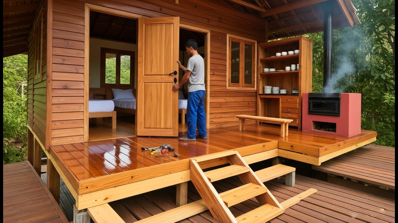 The YOUNG MAN built a WOODEN HOUSE in the forest and lived there SELF-SUFFICIENTLY