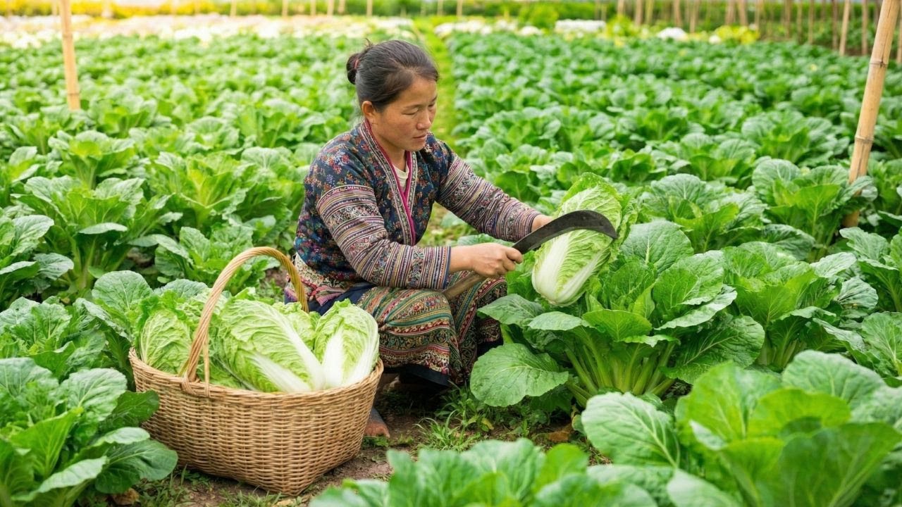 Harvesting Green Vegetables and Taking Them to Market to Sell, Cooking for the Family