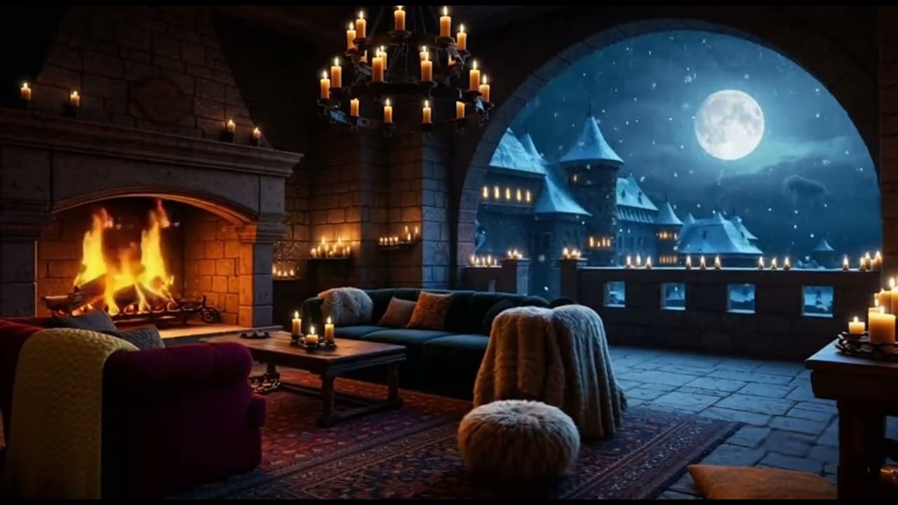 Cold Wind & Snow Outside 🔥 Warm Stone Fireplace Inside (3 Hours Medieval Ambience)
