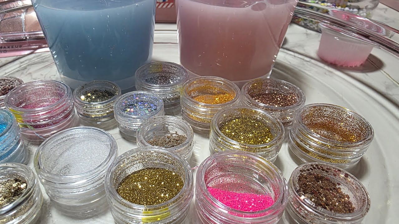 ASMR~PLAY WITH ME~JUICE SLIME MIXING MAKE UP ~GLITTERS AND NAIL PARTS