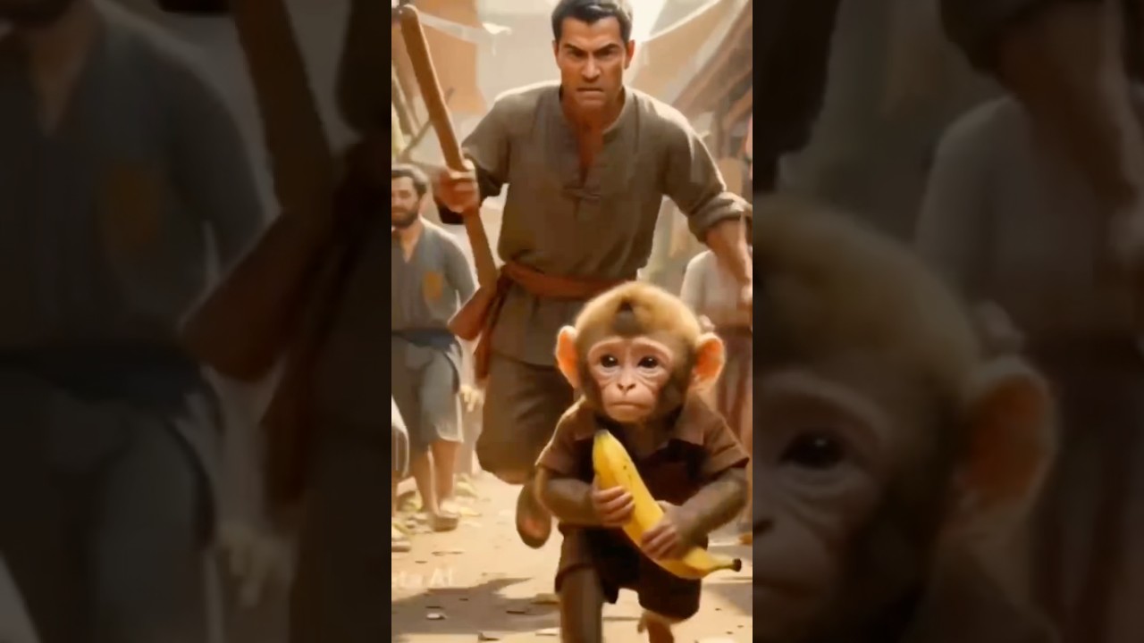A small baby monkey runs with hope in his eyes, holding a banana for his hungry family 🐒🍌
