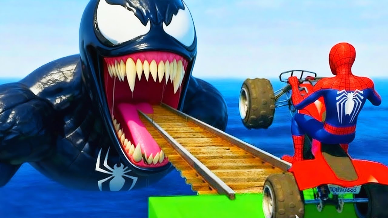 سبايدر مان اصعب دراجة نارية فوق اسماك القرش - Superheroes Ride In Motorcycle Stunt Funny Moments??