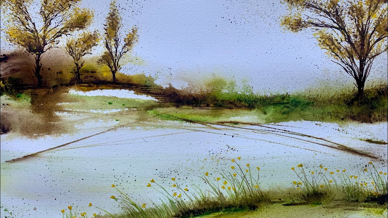 South Downs Summer Landscape Tutorial, Easy Watercolor Painting with PALETTE KNIFE and THREE COLORS