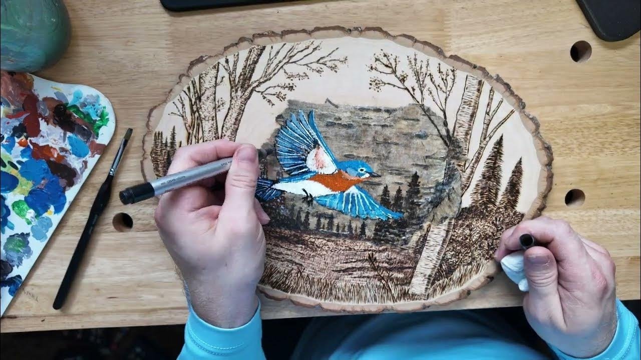 Birch Bark Art | Creating a Bluebird Forest Scene with Pyrography and Paint