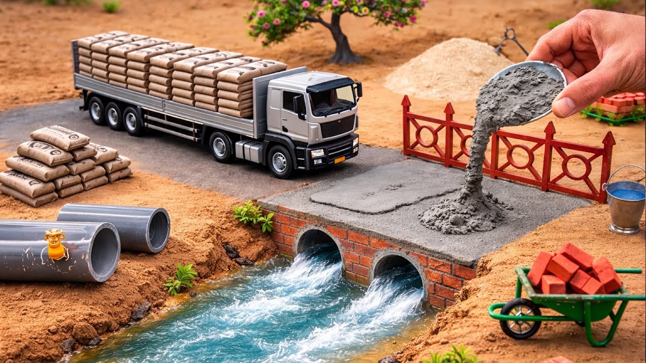 DIY Mini TruckBuilds Brick & Metal Railing Bridge | Fun Construction Science Project tiny tractor 