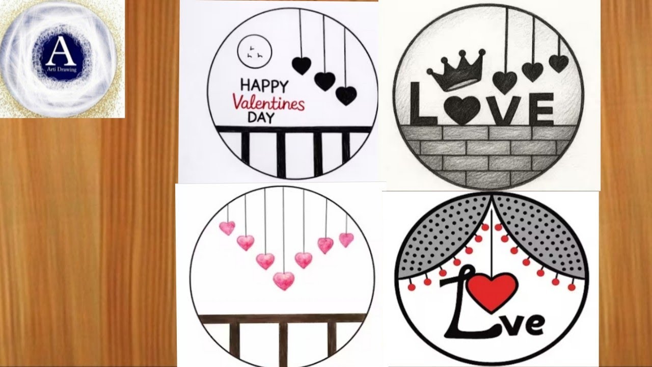 4 Easy Circle Drawing with Hanging Hearts/ Love Scenery Drawing for Beginners/Circle Drawing Scenery