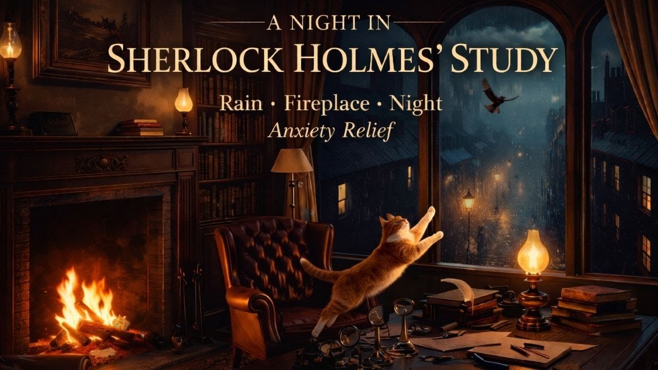 A Night in Sherlock Holmes’ Study 🕯️ Rain &  Fireplace Ambience for Deep Sleep & Anxiety Relief