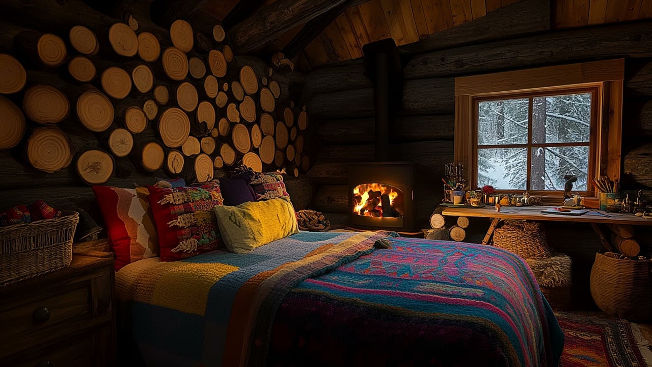 I Slept in a Cozy Winter Hut – a Relaxing Fireplace, Blizzards, Snowfall, and Wind