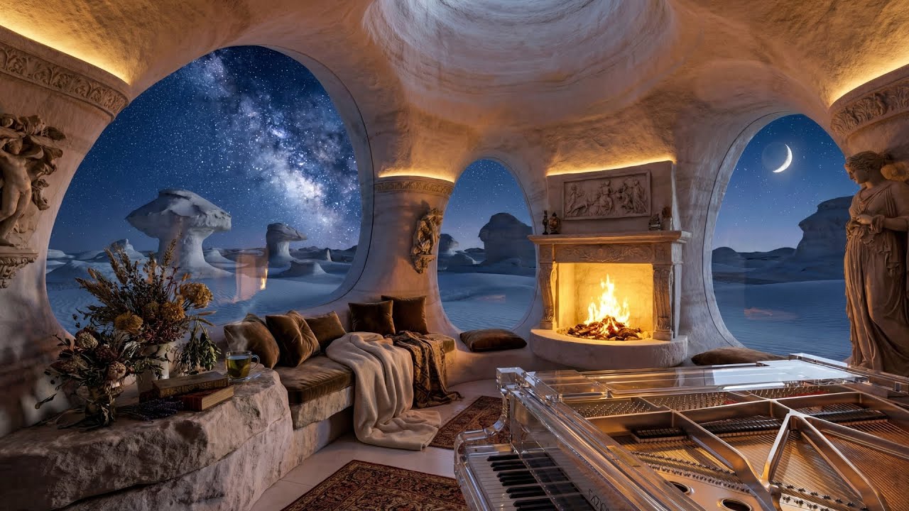 Ethereal Moonlit Oasis ✨ Soothing Piano & Fireplace for Study and Focus [4K]