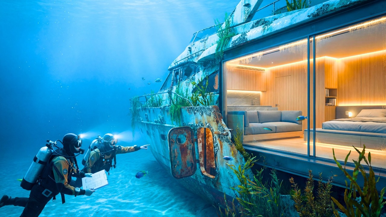 This Young Couple Built a LUXURY HOUSE Inside an UNDERWATER YACHT WRECK (ASMR)