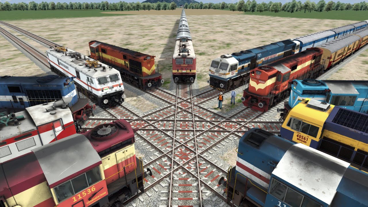 Twelve Trains at Forked Railroad :- Cross Each Other at Diamond Crossing -: Train Simulator
