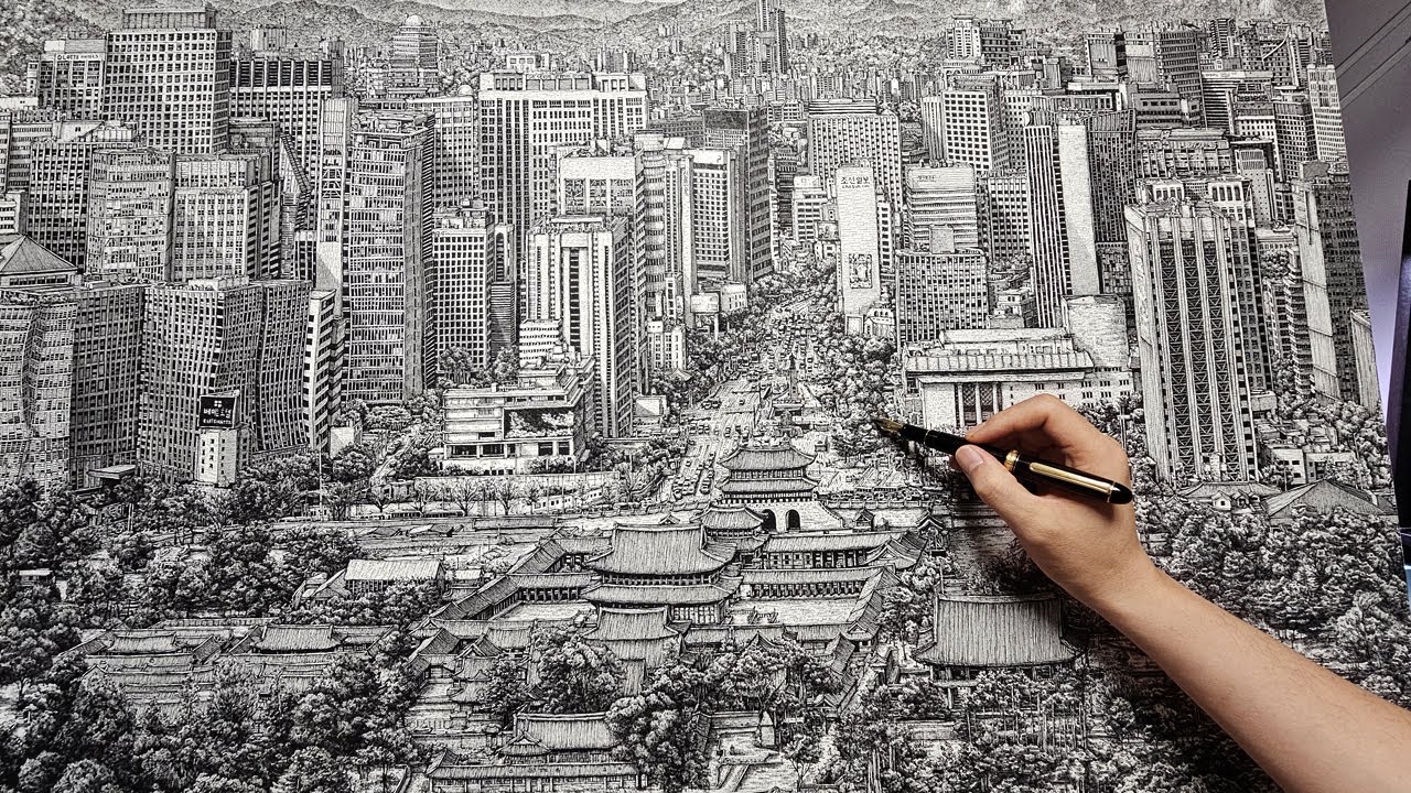 Silent Pen Drawing of Gwanghwamun’s Quiet View – Full Sketch