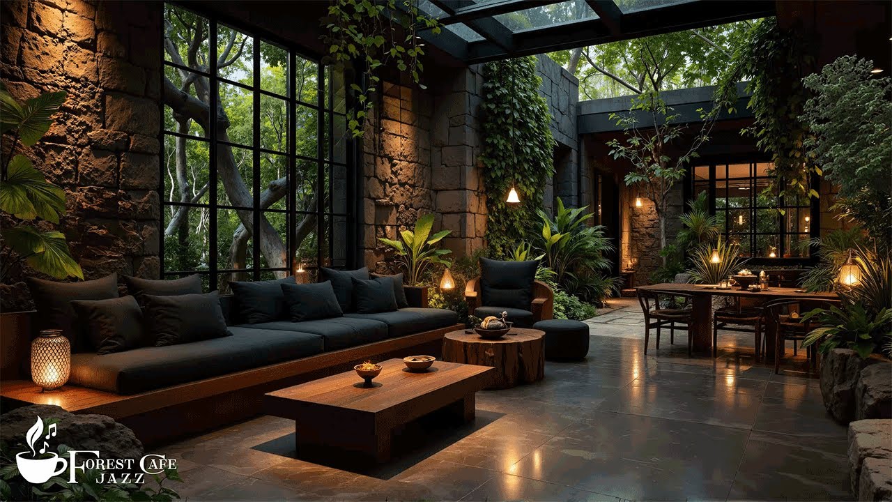 Soft Jazz in a Forest Cafe Lounge | Warm Forest Jazz Ambience For Calm, Relax and Stress Relief