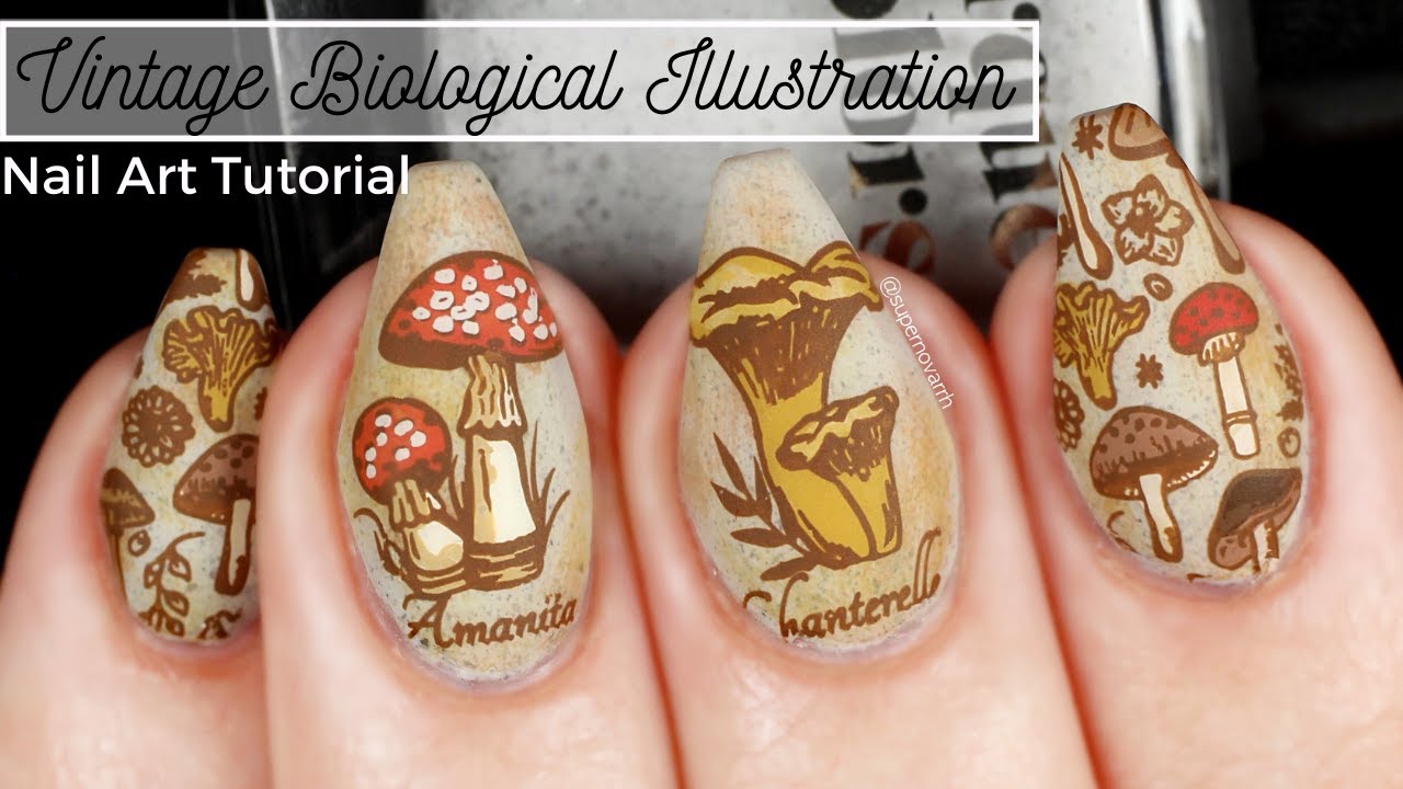 Vintage Biological Illustration-Inspired Nail Art Tutorial | Maniology M280 Magic Mushrooms Plate