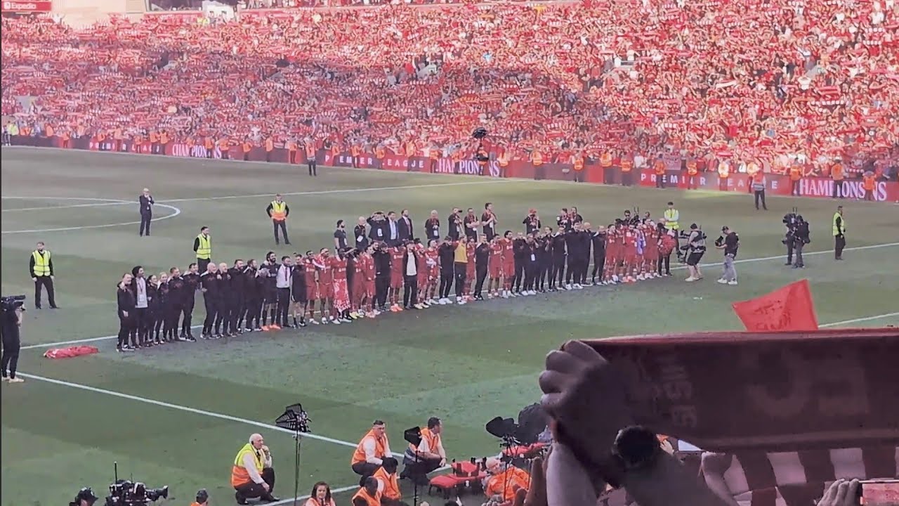 Liverpool Players sing You'll Never Walk Alone and Allez infront of The Kop