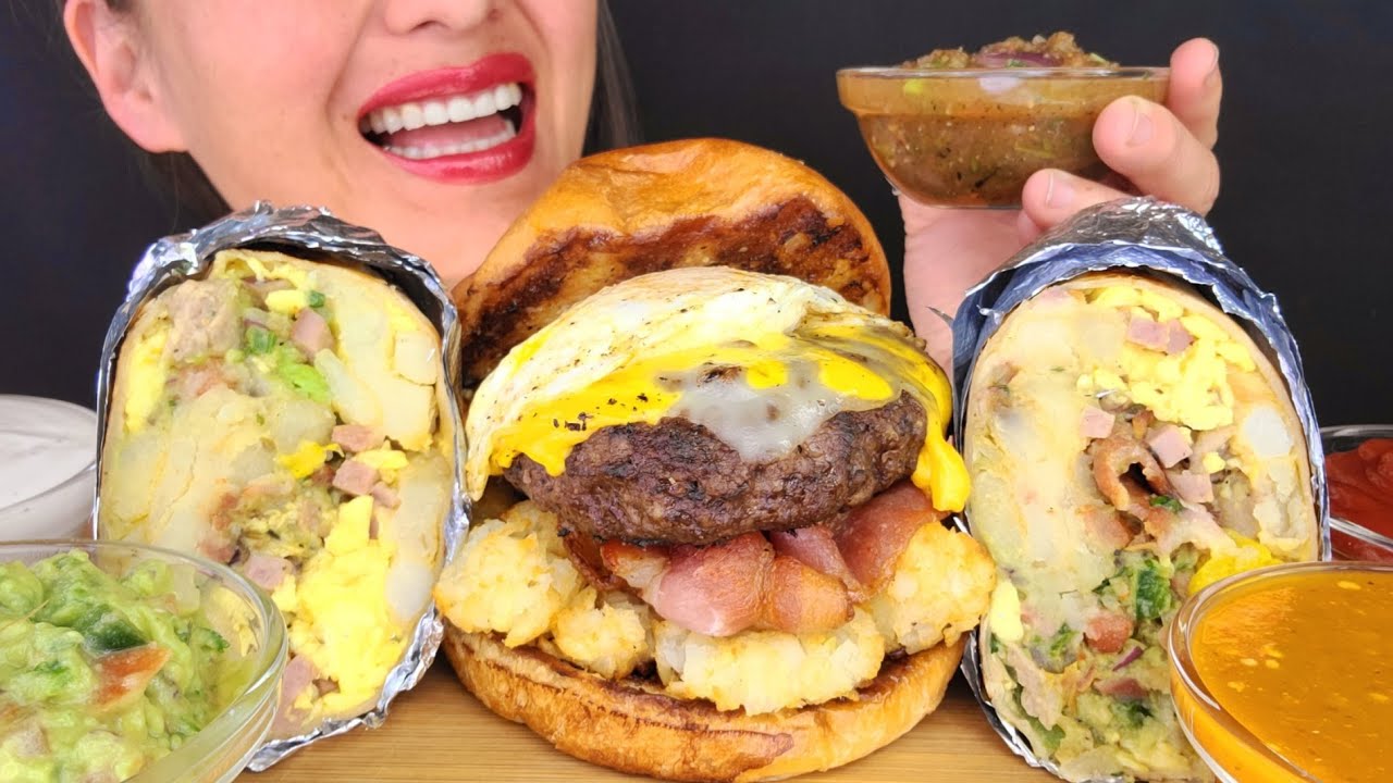 BREAKFAST!  WAKE & BAKE BURGER BREAKFAST BURRITO ASMR MUKBANG EATING NOISES BIG BITES NO TALKING