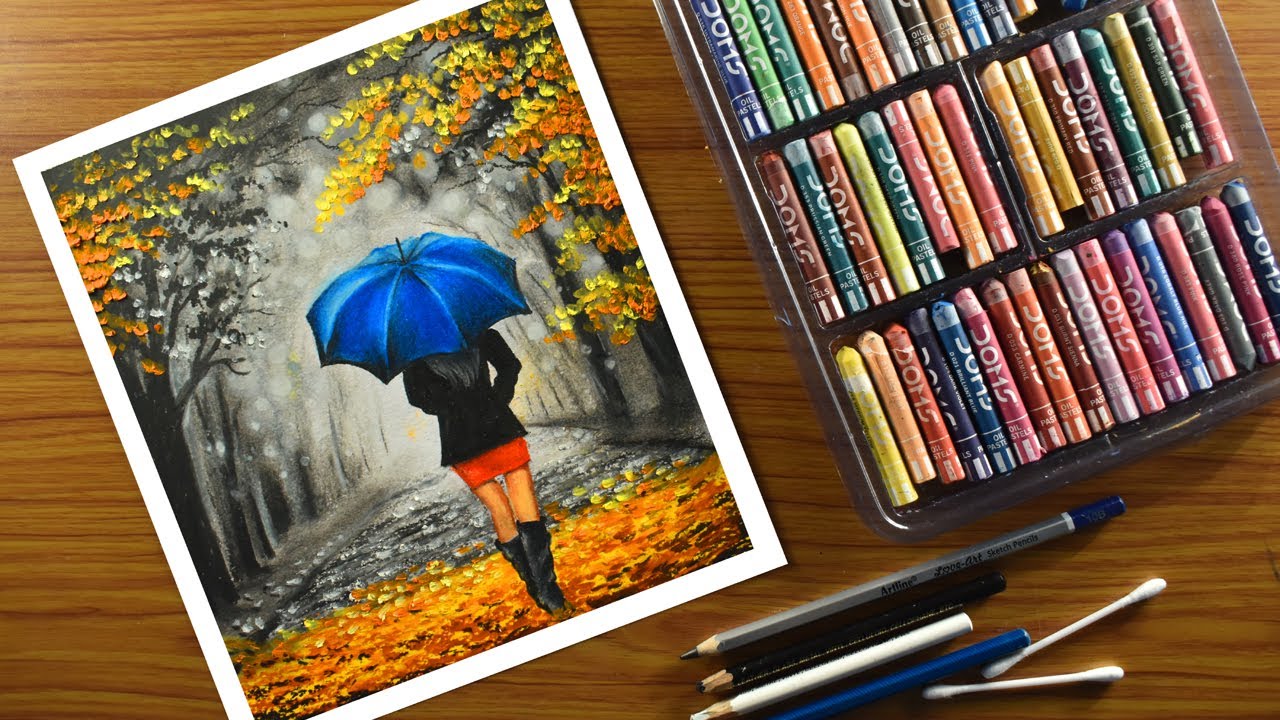 autumn scenery oil pastel drawing | girl with umbrella oil pastel drawing
