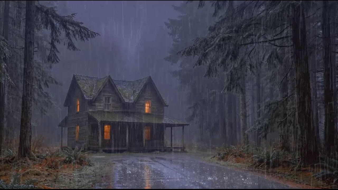 Gentle Rain with Soft Thunder Surrounding a Cozy Woodland Cabin for Sleep