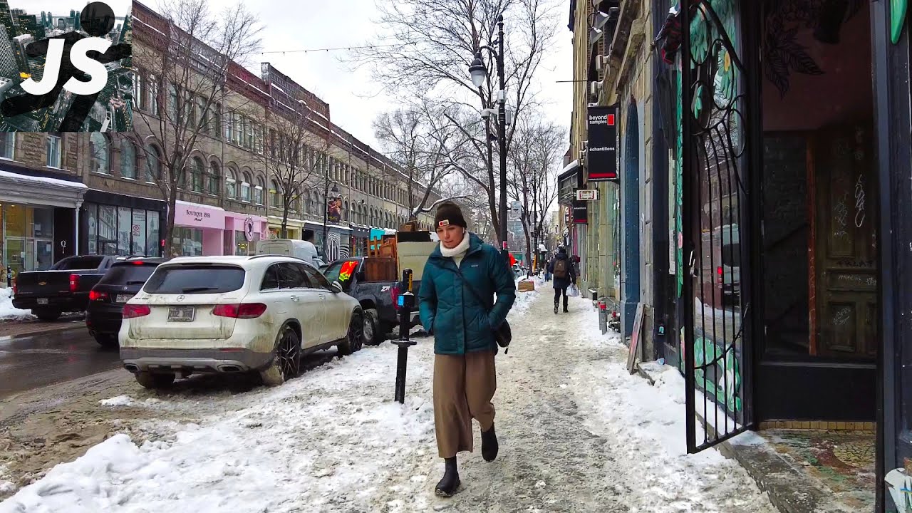 Слякоть и снег на Сен-Лоране | Прогулка по главной улице Монреаля (февраль 2023 г.)