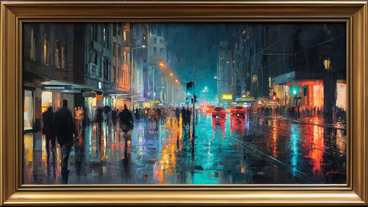 Rainy Neon City Street | Turn Your TV Into Art | Oil Painting Screensaver | TV Frame Art | 3 Hours