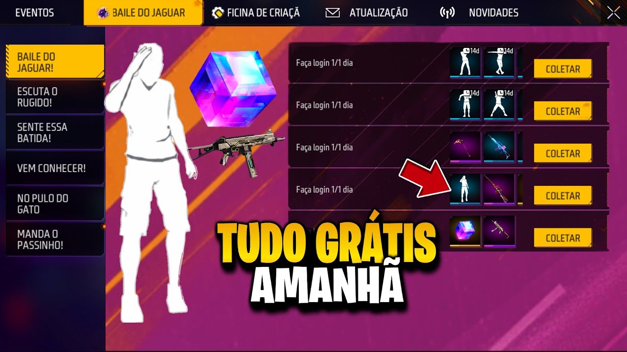 É AMANHÃ! PEGUE TUDO GRÁTIS, CUBO MÁGICO, UMP ATRIBUTADA, EMOTE E MAIS NO FREE FIRE
