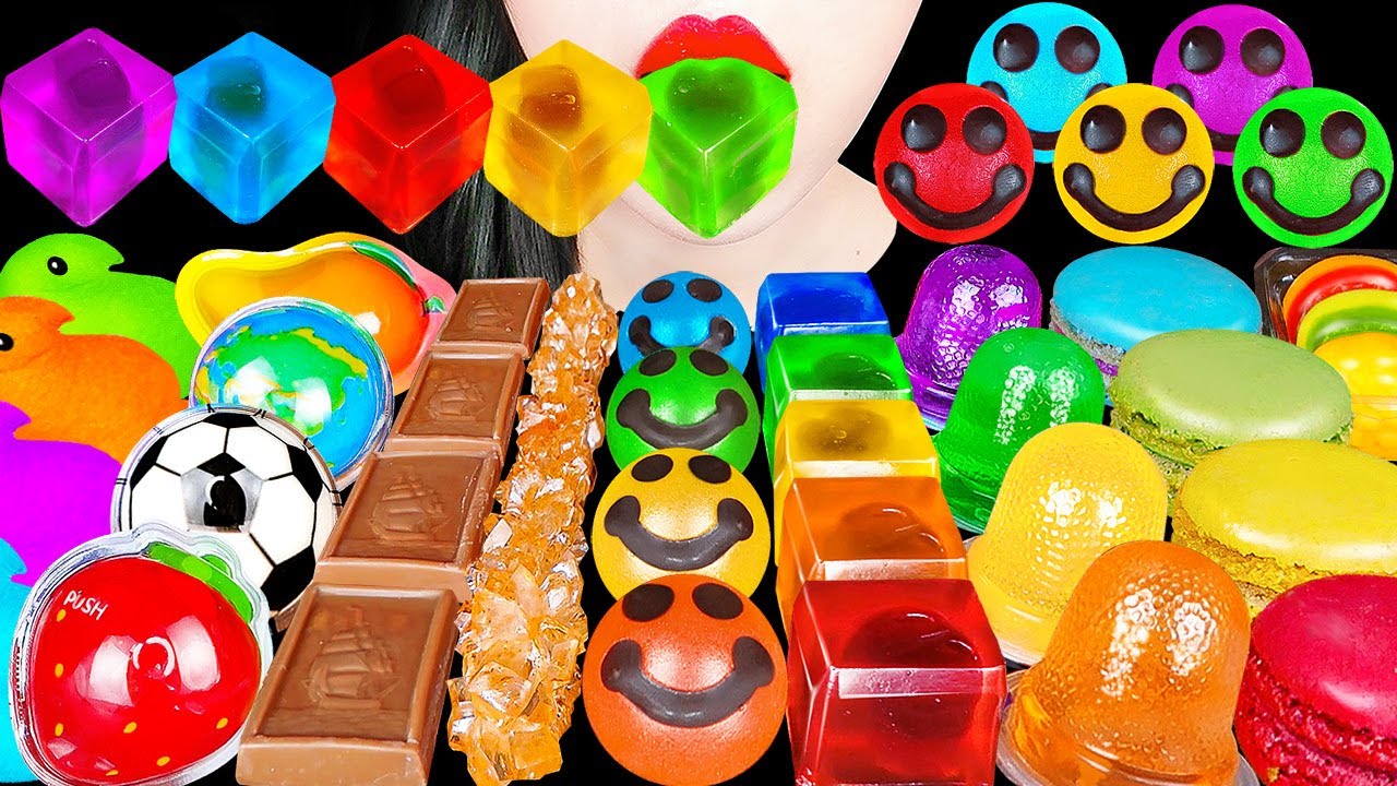 ASMR RAINBOW DESSERTS 무지개 스마일 반짝 젤리 다양 스낵 SMILE KOHAKUTO SNACK JELLY GUMMY EATING SOUNDS MUKBANG 먹방