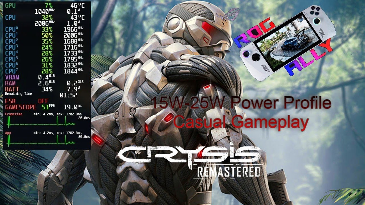 Crysis Remastered | ROG Ally | 15W 24W | High Medium Settings | 720p | 120hz |  50-90 fps