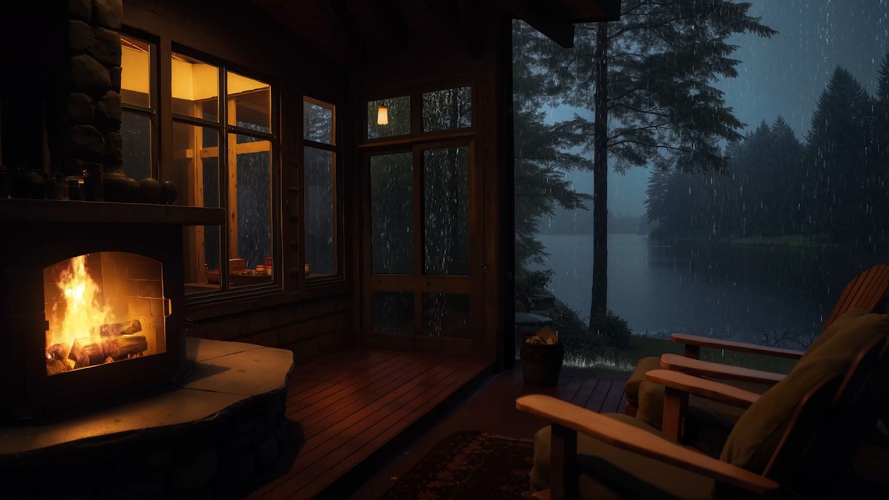 Peaceful Rainy Lake Night from a Cozy Cabin Porch | Fireplace Sounds for Total Relaxation