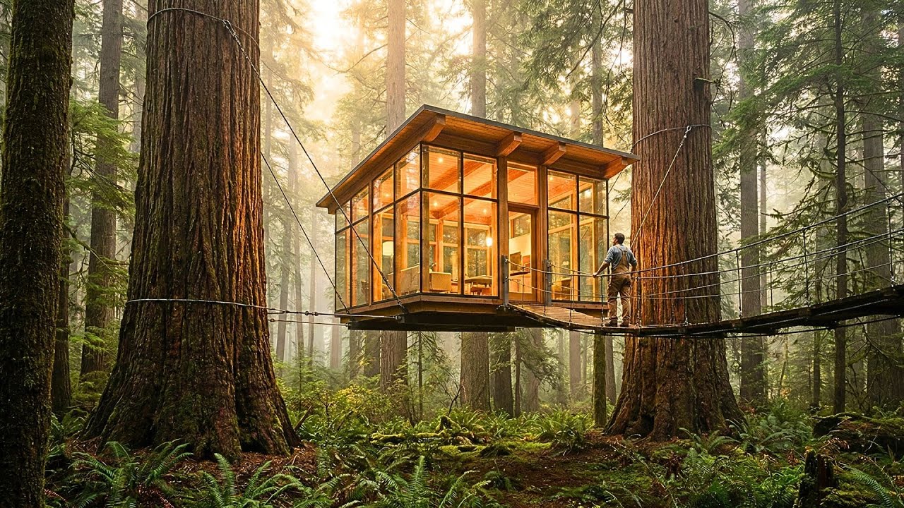 Impossible build! Man built a glass villa suspended between two huge trees in the deep forest (ASMR)