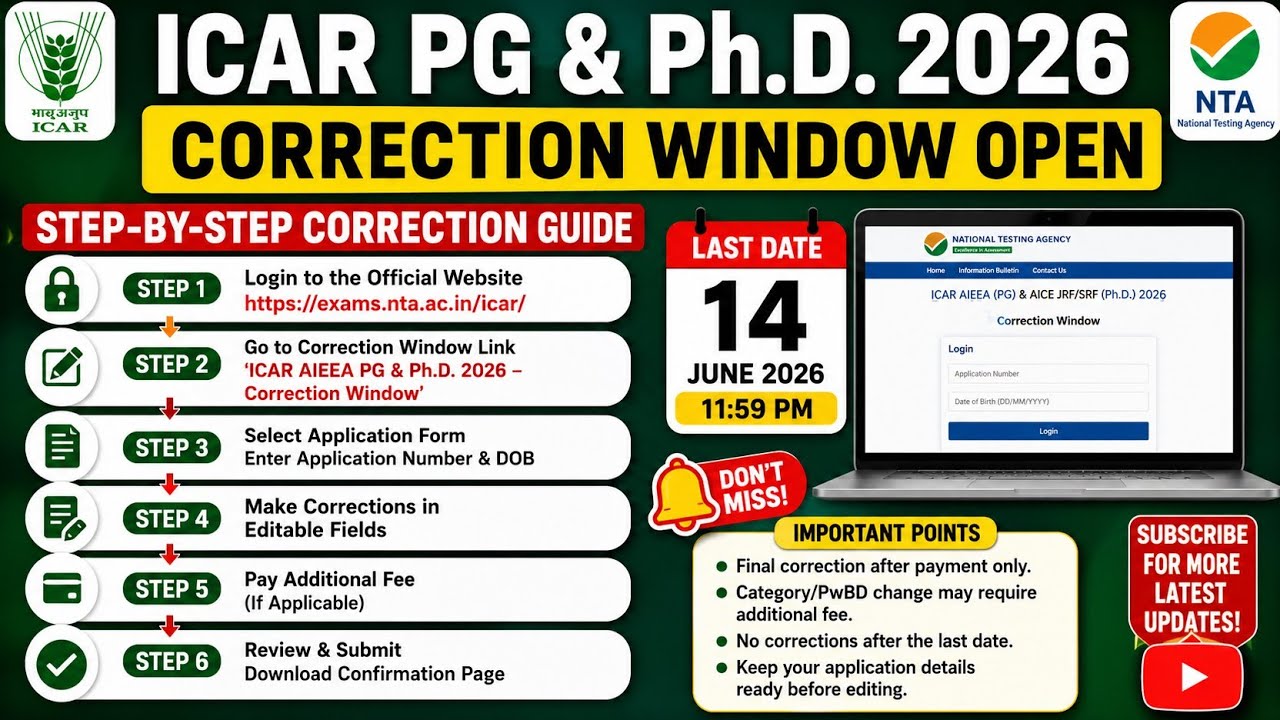 ICAR PG /PHD CORRECTION WINDOW OPEN STEP BY STEP CORRECTION LAST DATE 2026