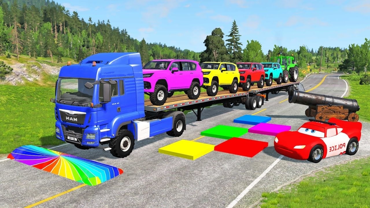 Flatbed Truck Mcqueen | Transportation with Truck - Pothole vs Car #42 - BeamNG.Drive