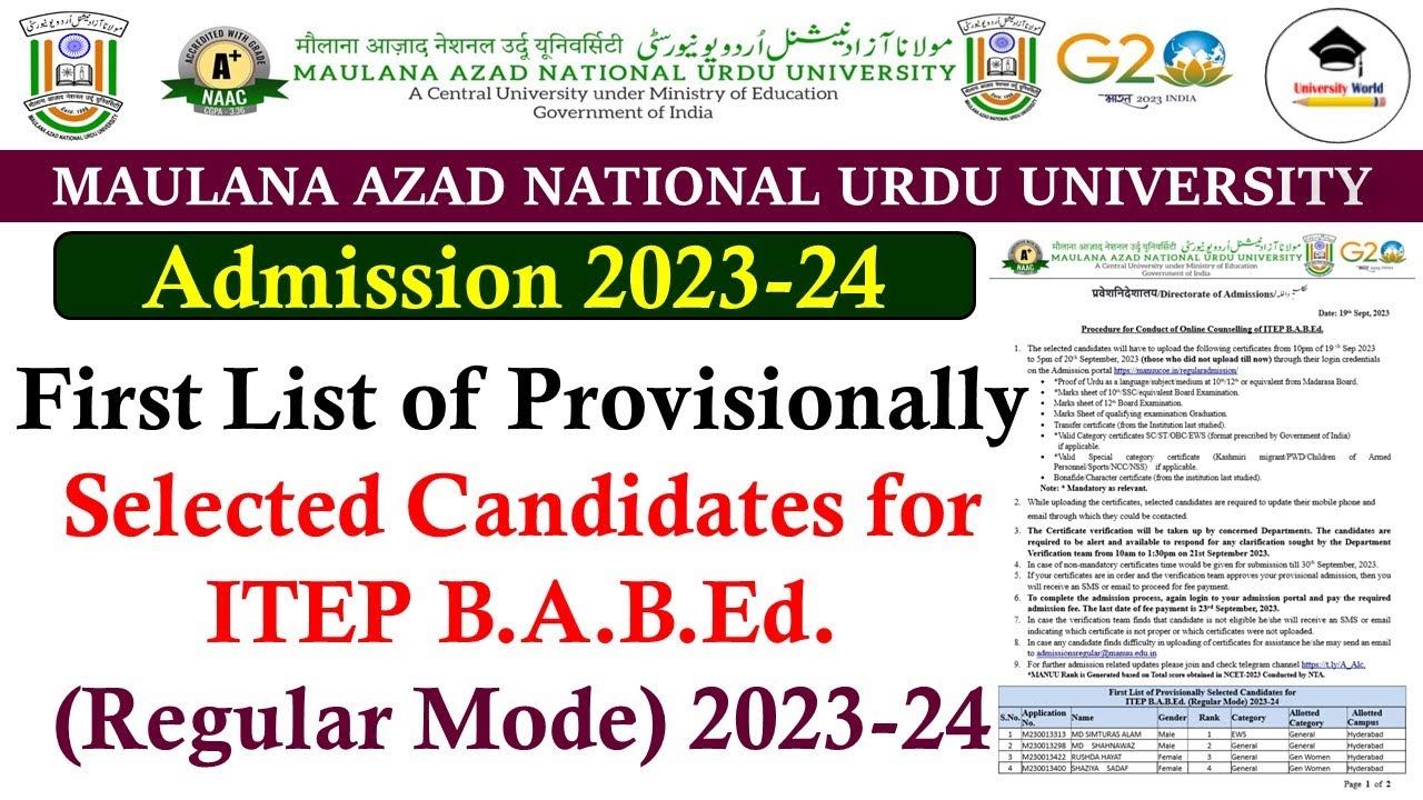 Manuu First List of Provisionally Selected Candidates for ITEP B.A.B.Ed 2023-24 || @UniversityWorld