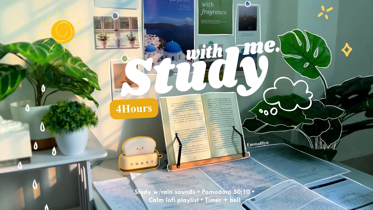 4-HOUR🌻Study With Me • Rain sounds☔+ Lofi bgm • Pomodoro 50-10 • Day182🪴