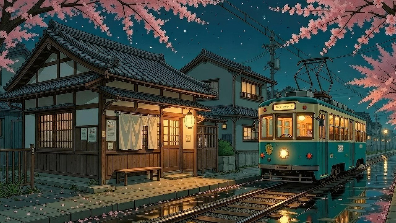 (NO ADS) Cherry Blossom Night in Japan 🌸 Cozy Tram Street Ambience & Chill Lofi Beats 🎶 Study Relax