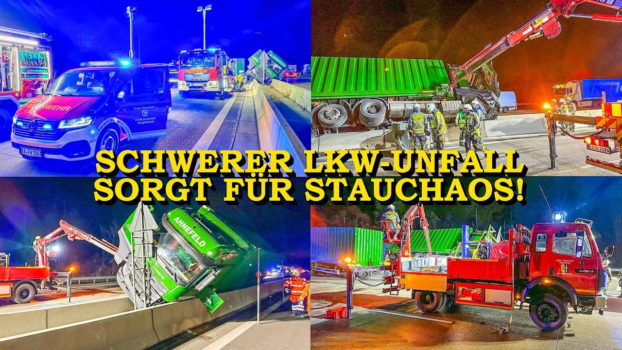 [Spektakulärer Lkw-Unfall auf A5] - LASTWAGEN LANDET AUF BETONSCHUTZWAND | FEUERWEHR | VOLLSPERRUNG