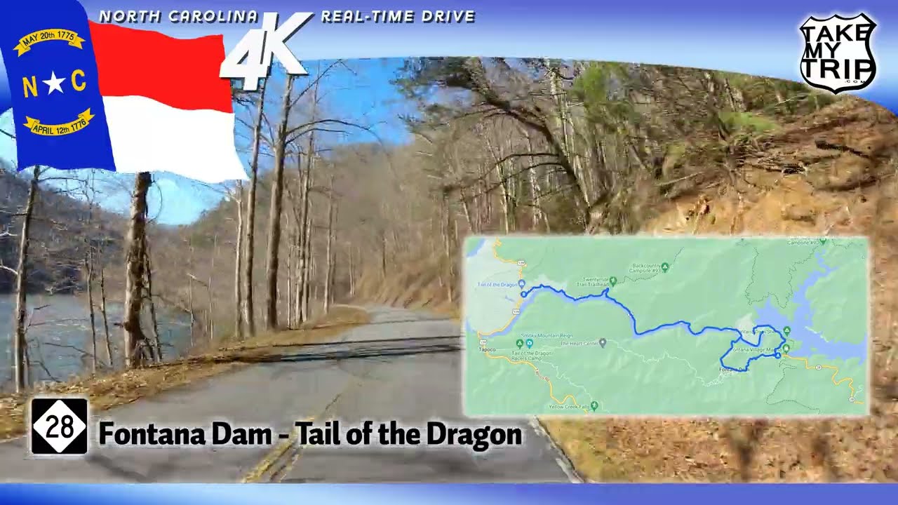 Scenic North Carolina Drive - Fontana Dam, NC 28, to the start of the Tail of the Dragon, in 4K