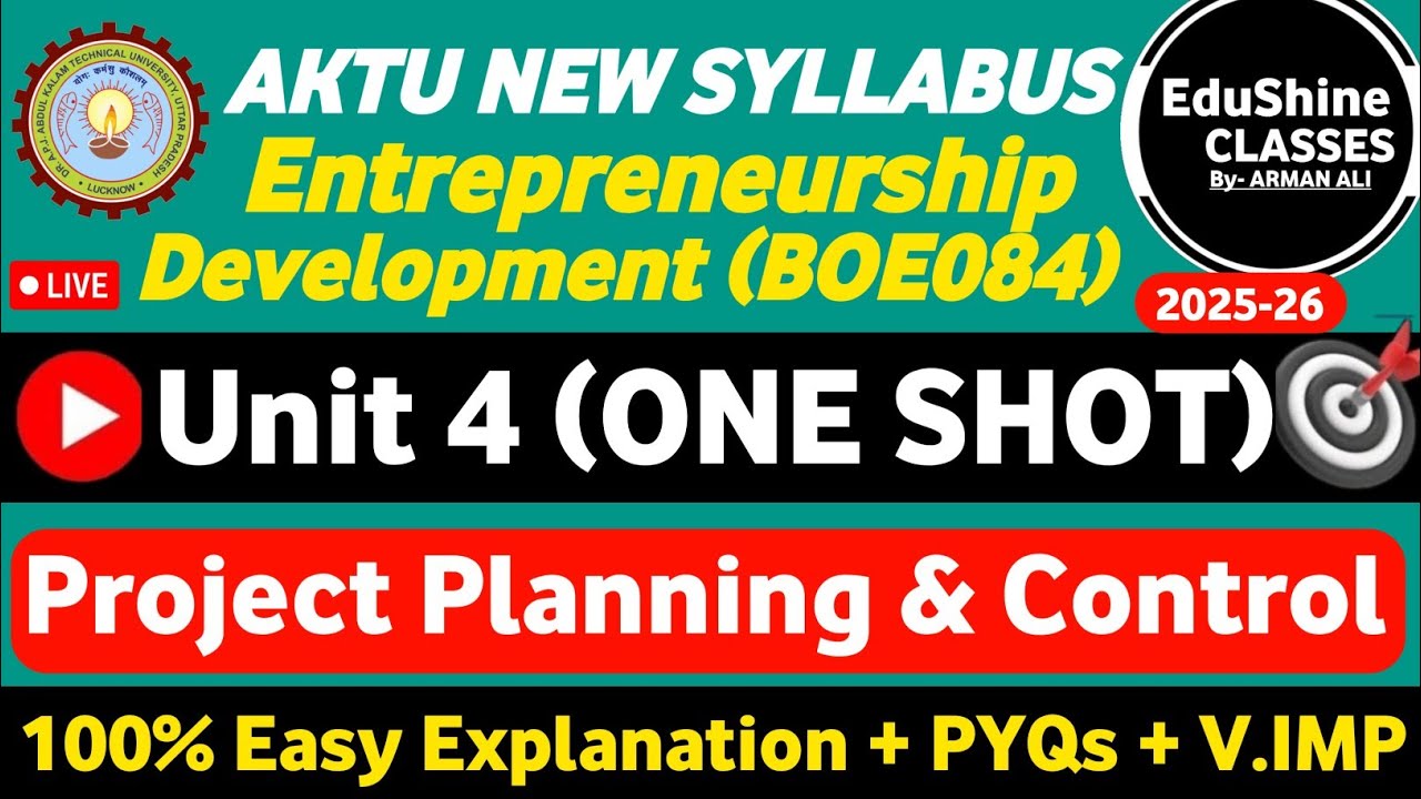 Entrepreneurship Development Unit 4 One shot BOE084 |Project Planning and Control Unit 4 BOE084 AKTU