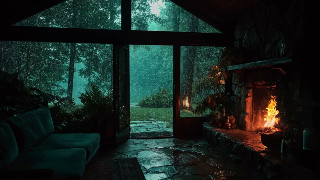 Cozy Cabin Rainfall 🌧 Calm Night Rain with Fireplace Warmth for Sleeping Peacefully