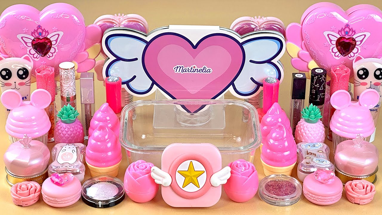 ASMR Slime 💗💦💤 Mixing ”PINK” makeup, Eyeshadow, glitter into slime. Satisfying slime video.