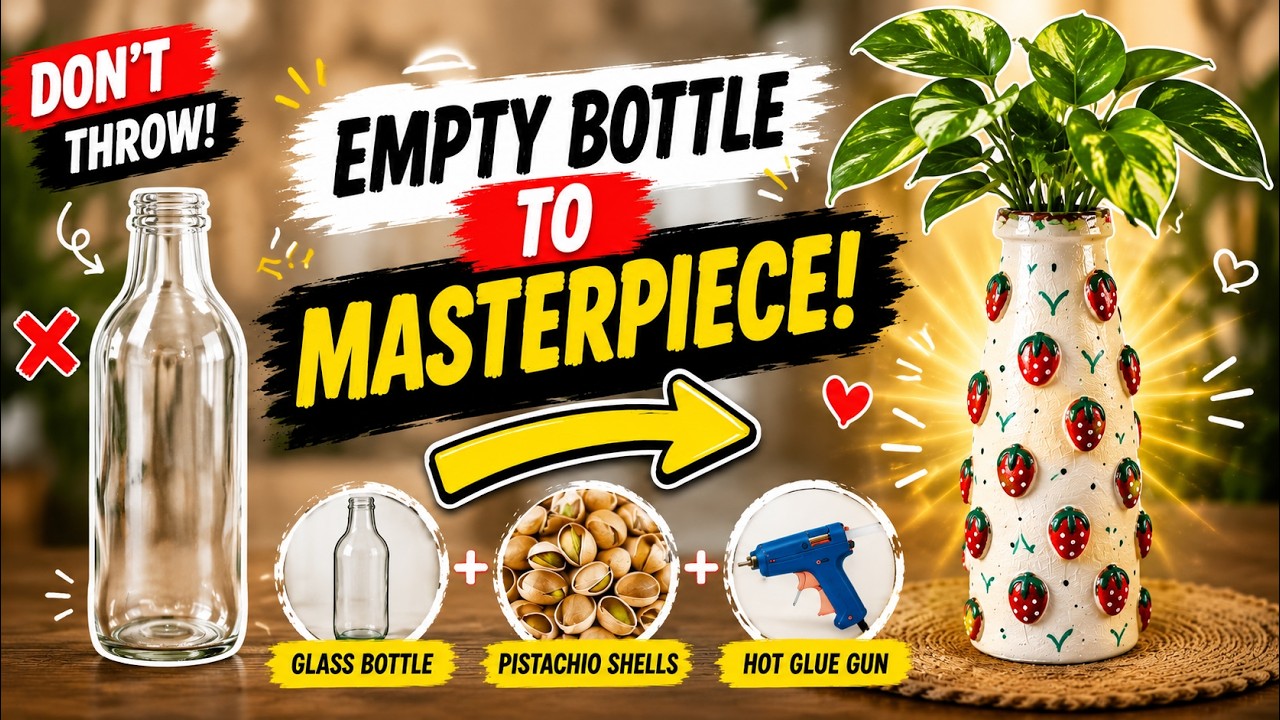 🍓 DIY Strawberry Bottle Vase | Upcycled Glass Craft for Creative Home Decor ✨🪴🎨