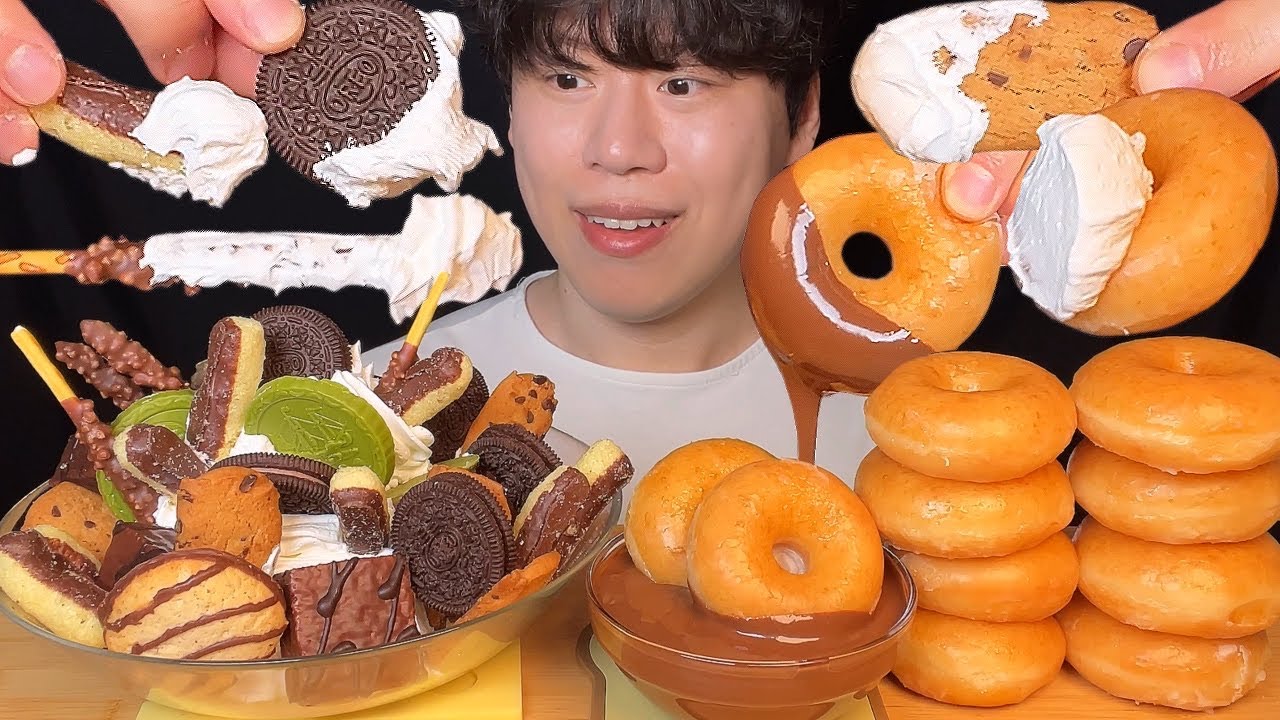 (Подписка) Пончики Krispy Kreme с Nutella и шоколадное печенье со взбитыми сливками, мукбанг, ASMR