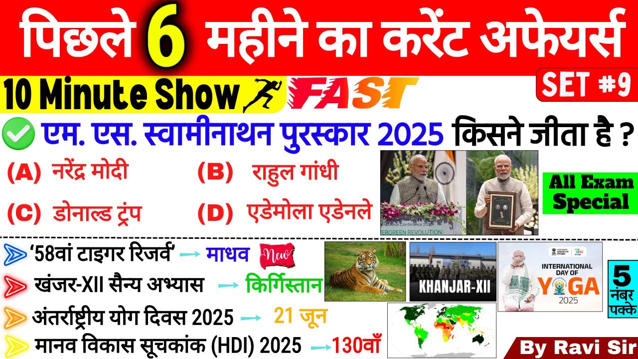 Last 6 Months Current Affairs 2025 | Set 9 | Top 50 | January to Aug 2025 Current Affairs Important