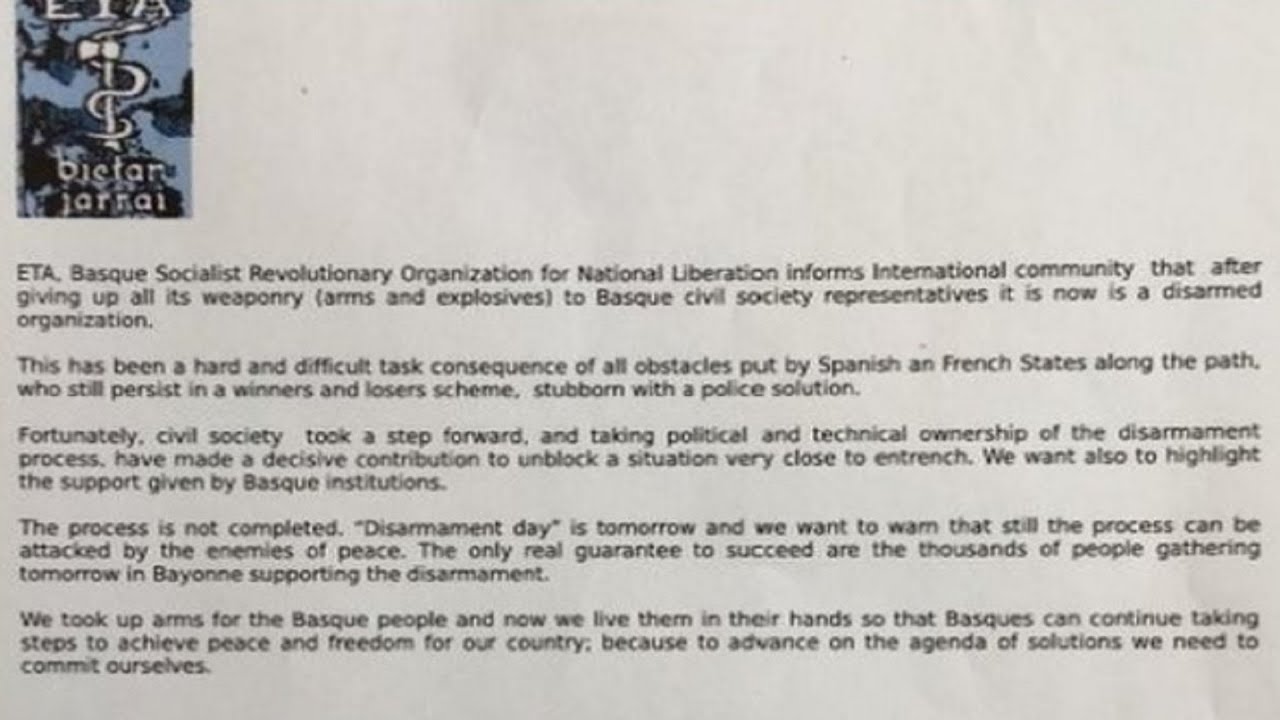 ETA comunica su desarme sin hablar de disoluci&oacute;n