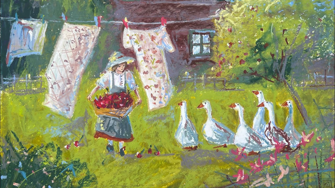 Гуси масляной пастелью. Процесс. Для обложки большого набора  @maleviches 