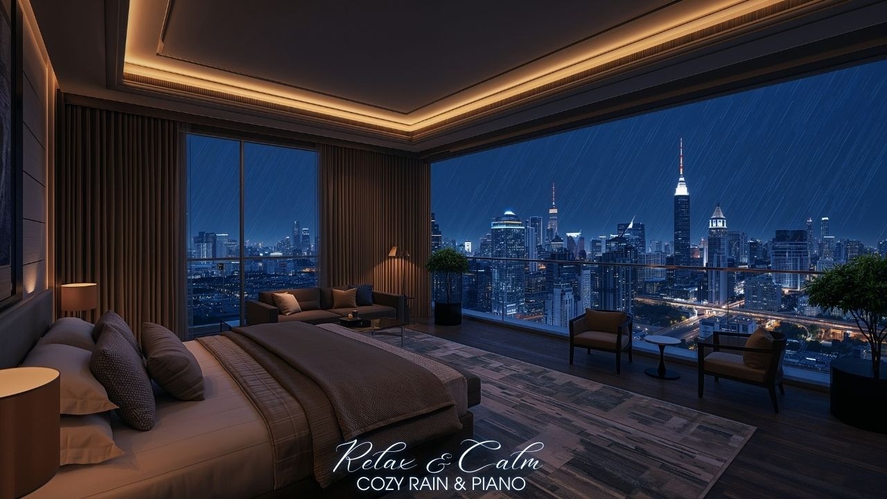 Panoramic City Rain & Soft Piano 🌧️🎹 | Luxury Night Skyline | Deep Sleep 24/7