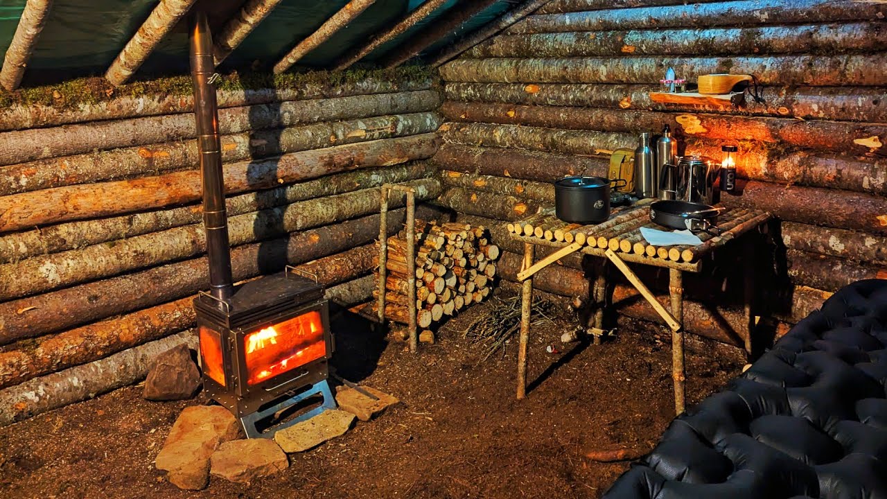 RUSTIC BUSHCRAFT CABIN - Building Stone Hearth & Table - Cozy Warm Camping - Beef Stew on Wood Stove