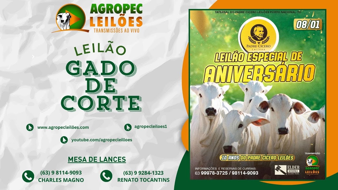 Agropecleiloes.com LEILÃO ESPECIAL DE ANIVERSÁRIO | PADRE CÍCERO - PORTO NACIONAL-TO 08/01/2026.